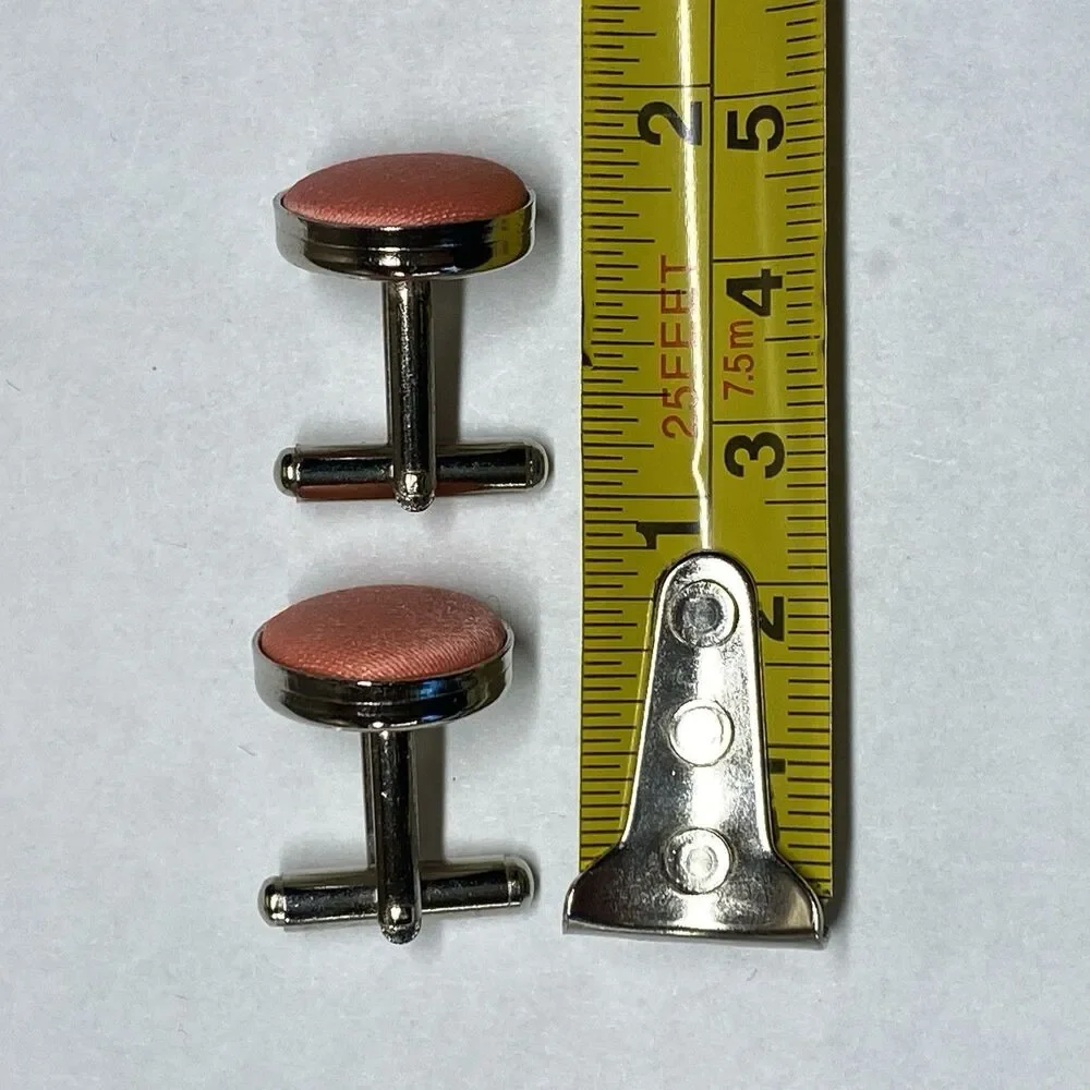 Elegant Salmon Pink Fabric Cuff Links Round Chrome Like Rim Formal & Vintage